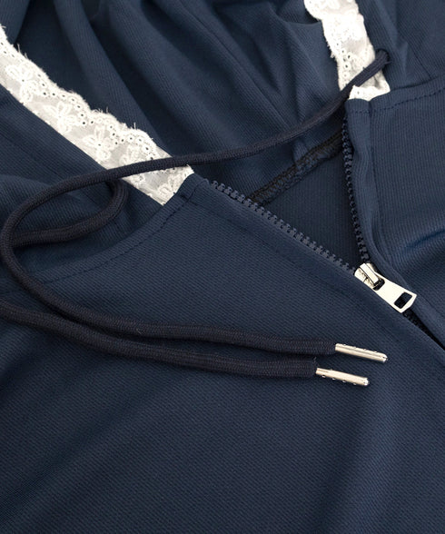 パーカー レース切り替え 韓国風 ZIP ジップアップパーカー 裾レース スウェットパーカー 薄手 フード付き 羽織り 大人可愛い ゆったりトップス カジュアル服 77DAILAN-001