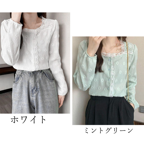シャツブラウス レース切り替え 春秋 長袖シャツ レディース 大人かわいい トップス 薄手 スクエアネック お洒落 通勤 OL ブラウス 前開き フェミニン 77DIANl-002