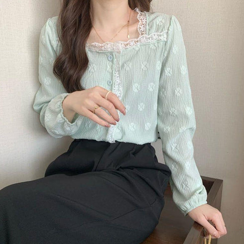 シャツブラウス レース切り替え 春秋 長袖シャツ レディース 大人かわいい トップス 薄手 スクエアネック お洒落 通勤 OL ブラウス 前開き フェミニン 77DIANl-002
