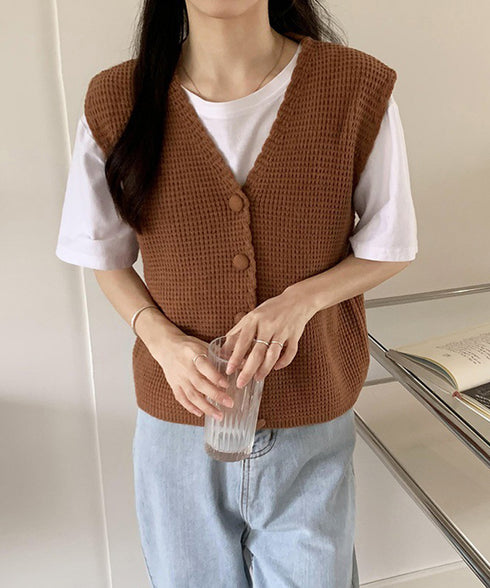 ニットベスト Vネック レディース ジレ ニットトップス 前開き 韓国ファッション ボタン付き 重ね着 コーディネート かわいい カジュアル レイヤード 洋服 77GELAN-001