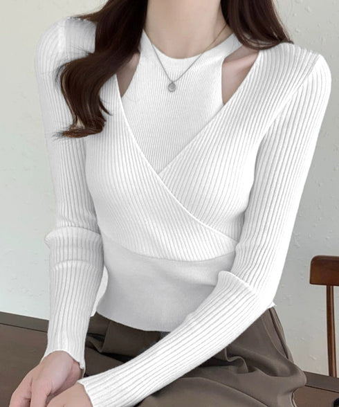 ニットトップス 長袖 レイヤード風 秋冬 ニットウェア クロスデザイン リブニット ショート丈 着やせ服 ニットインナー 無地 韓国ファッション ニットセーター 77GEYI-001