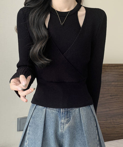 ニットトップス 長袖 レイヤード風 秋冬 ニットウェア クロスデザイン リブニット ショート丈 着やせ服 ニットインナー 無地 韓国ファッション ニットセーター 77GEYI-001