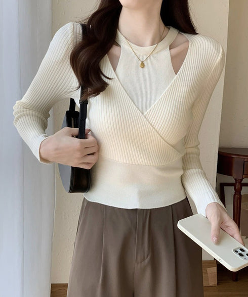 ニットトップス 長袖 レイヤード風 秋冬 ニットウェア クロスデザイン リブニット ショート丈 着やせ服 ニットインナー 無地 韓国ファッション ニットセーター 77GEYI-001