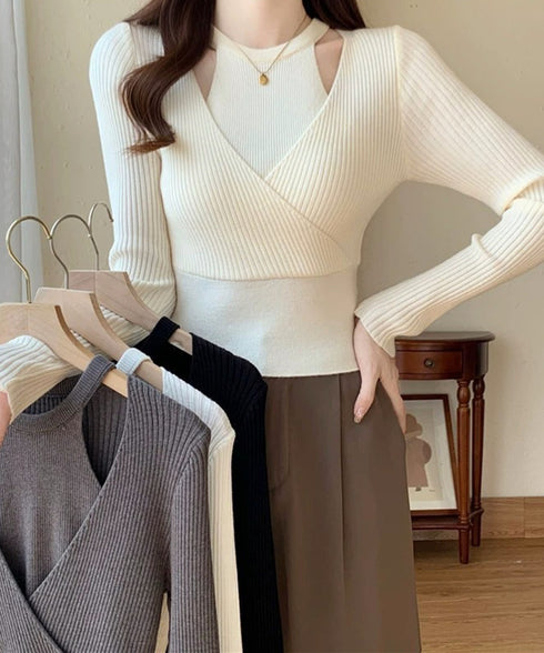 ニットトップス 長袖 レイヤード風 秋冬 ニットウェア クロスデザイン リブニット ショート丈 着やせ服 ニットインナー 無地 韓国ファッション ニットセーター 77GEYI-001