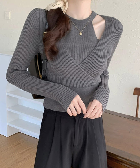 ニットトップス 長袖 レイヤード風 秋冬 ニットウェア クロスデザイン リブニット ショート丈 着やせ服 ニットインナー 無地 韓国ファッション ニットセーター 77GEYI-001