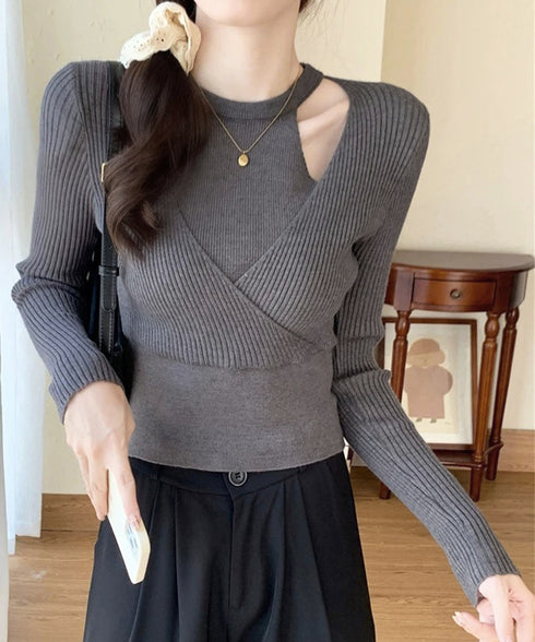 ニットトップス 長袖 レイヤード風 秋冬 ニットウェア クロスデザイン リブニット ショート丈 着やせ服 ニットインナー 無地 韓国ファッション ニットセーター 77GEYI-001
