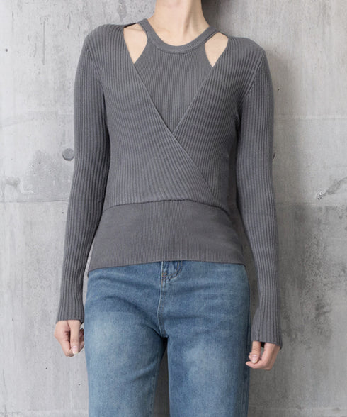 ニットトップス 長袖 レイヤード風 秋冬 ニットウェア クロスデザイン リブニット ショート丈 着やせ服 ニットインナー 無地 韓国ファッション ニットセーター 77GEYI-001