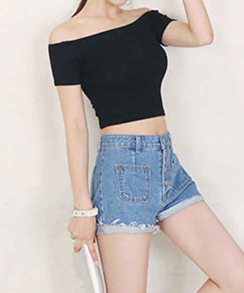 へそ出し Tシャツ夏 ショート丈トップス レディース カットソー セクシー 肩出しトップス 無地 カジュアル オフショルダートップス クロップド丈 プルオーバー 77GSH-001