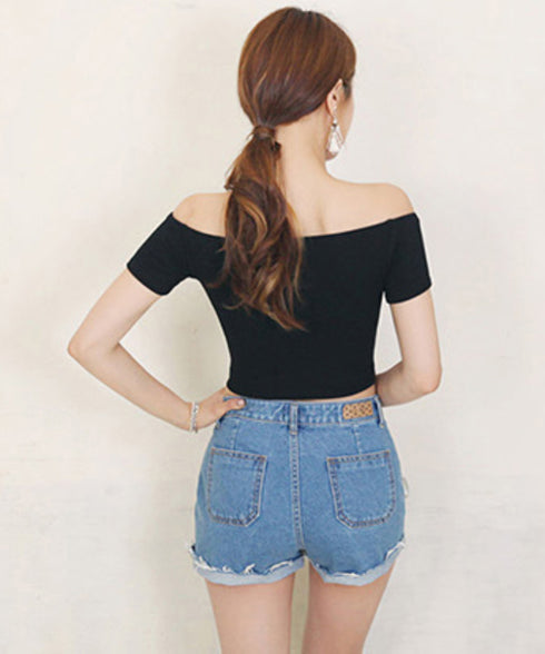 へそ出し Tシャツ夏 ショート丈トップス レディース カットソー セクシー 肩出しトップス 無地 カジュアル オフショルダートップス クロップド丈 プルオーバー 77GSH-001