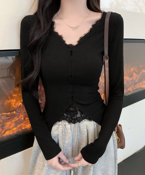 カットソー レース切り替え 長袖Tシャツ トップス Vネック セクシー 細見えtシャツ カジュアル 韓国風 インナートップス 大人可愛い プルオーバー キレイめ服 77HANP-001