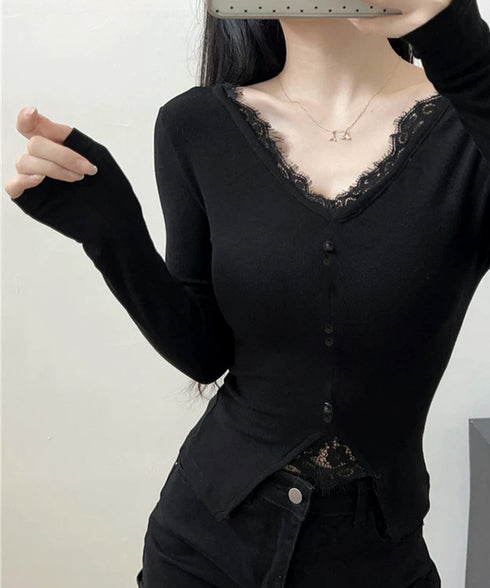 カットソー レース切り替え 長袖Tシャツ トップス Vネック セクシー 細見えtシャツ カジュアル 韓国風 インナートップス 大人可愛い プルオーバー キレイめ服 77HANP-001