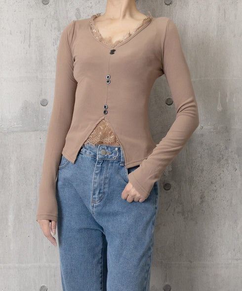 カットソー レース切り替え 長袖Tシャツ トップス Vネック セクシー 細見えtシャツ カジュアル 韓国風 インナートップス 大人可愛い プルオーバー キレイめ服 77HANP-001