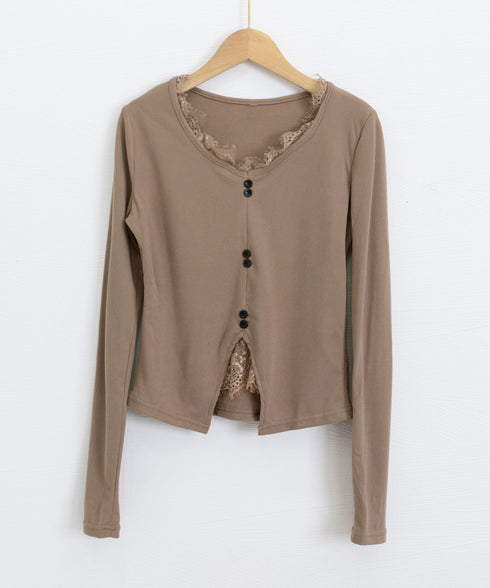 カットソー レース切り替え 長袖Tシャツ トップス Vネック セクシー 細見えtシャツ カジュアル 韓国風 インナートップス 大人可愛い プルオーバー キレイめ服 77HANP-001