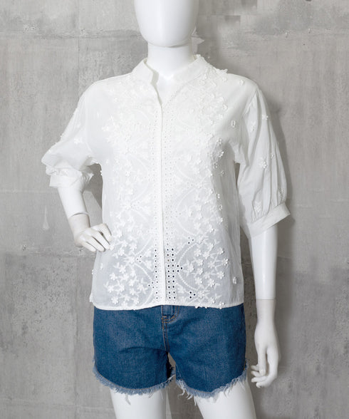 ブラウス キーネック 刺しゅうトップス 半袖 レディース レースブラウス 無地 プルオーバー カジュアルきれいめ 花柄シャツ 白 韓国ファッション 着回し 77HAOL-001