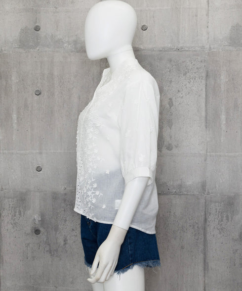 ブラウス キーネック 刺しゅうトップス 半袖 レディース レースブラウス 無地 プルオーバー カジュアルきれいめ 花柄シャツ 白 韓国ファッション 着回し 77HAOL-001