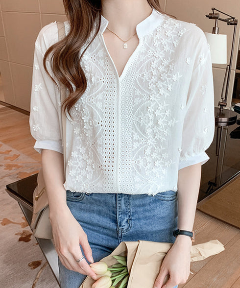 ブラウス キーネック 刺しゅうトップス 半袖 レディース レースブラウス 無地 プルオーバー カジュアルきれいめ 花柄シャツ 白 韓国ファッション 着回し 77HAOL-001