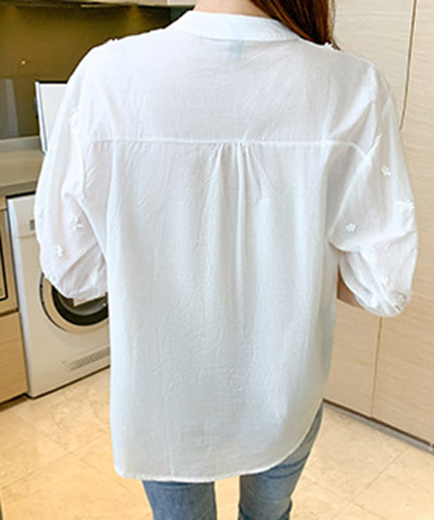 ブラウス キーネック 刺しゅうトップス 半袖 レディース レースブラウス 無地 プルオーバー カジュアルきれいめ 花柄シャツ 白 韓国ファッション 着回し 77HAOL-001