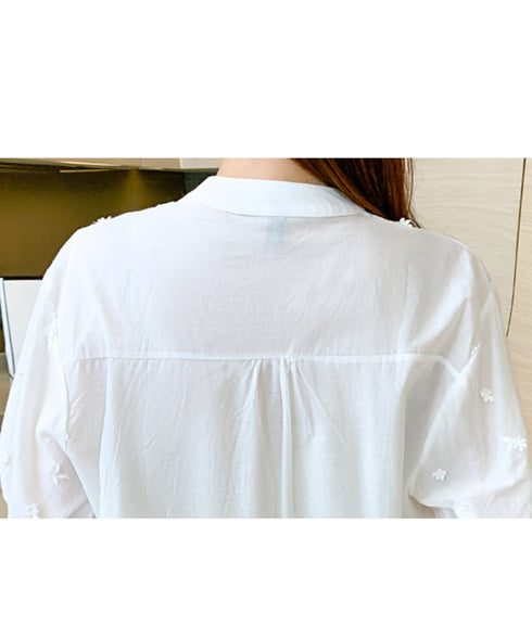 ブラウス キーネック 刺しゅうトップス 半袖 レディース レースブラウス 無地 プルオーバー カジュアルきれいめ 花柄シャツ 白 韓国ファッション 着回し 77HAOL-001