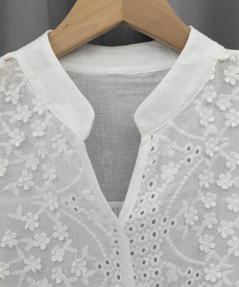 ブラウス キーネック 刺しゅうトップス 半袖 レディース レースブラウス 無地 プルオーバー カジュアルきれいめ 花柄シャツ 白 韓国ファッション 着回し 77HAOL-001