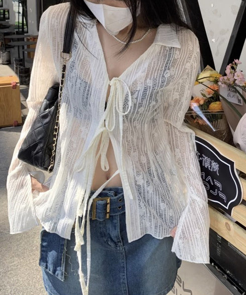 カーディガン 長袖 ボレロ 羽織り 薄手 レディース シアーシャツ 肌見せ 透け感 春夏トップス へそ出し UVケア 重ね着 カジュアル レイヤードコーデ リボン 77JCHU-001