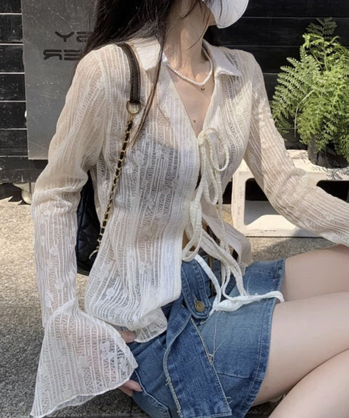カーディガン 長袖 ボレロ 羽織り 薄手 レディース シアーシャツ 肌見せ 透け感 春夏トップス へそ出し UVケア 重ね着 カジュアル レイヤードコーデ リボン 77JCHU-001