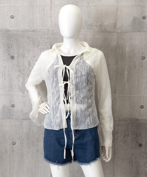 カーディガン 長袖 ボレロ 羽織り 薄手 レディース シアーシャツ 肌見せ 透け感 春夏トップス へそ出し UVケア 重ね着 カジュアル レイヤードコーデ リボン 77JCHU-001