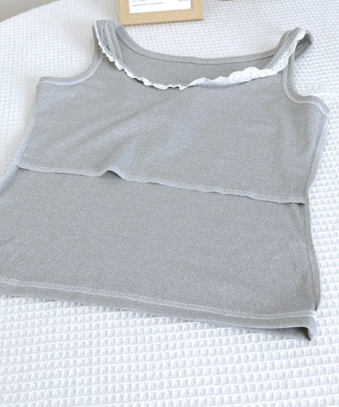 タンクトップ Uネック 韓国風 重ね着 レース付き リブタンクトップ 大人カジュアル ノースリーブ夏服 カットソー 可愛い肌着 フィット 着回しインナートップス 77JHUI-001