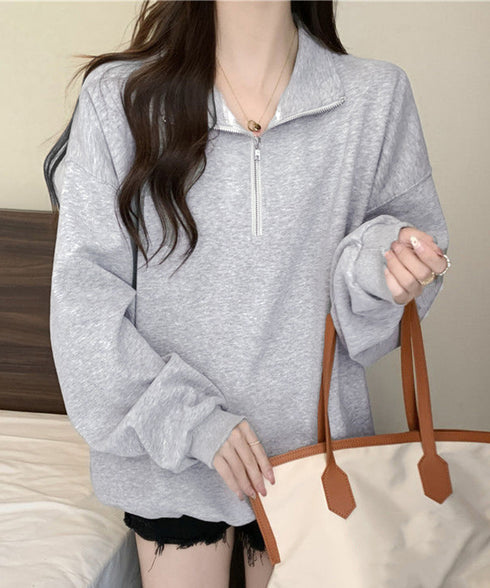 スウェットシャツ ハーフジップトレーナー 春秋薄手 プルオーバー ハイネック 長袖トレーナー ゆったり カジュアル ルームウェア 韓国風 無地 カットソー 通学 77JIAZI-001