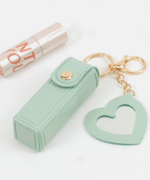 リップケース ミラー付き バッグチャーム リップホルダー PUレザー リップ収納 キーホルダー 可愛い 鍵アクセサリー 韓国風 ハート型ミラー 雑貨 小さいケース 77KS-001