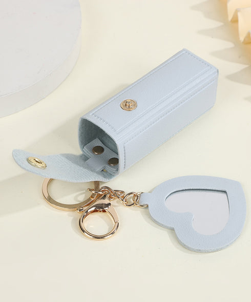 リップケース ミラー付き バッグチャーム リップホルダー PUレザー リップ収納 キーホルダー 可愛い 鍵アクセサリー 韓国風 ハート型ミラー 雑貨 小さいケース 77KS-001