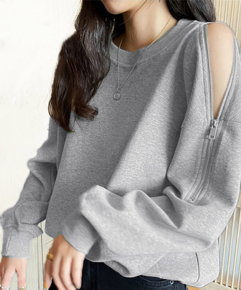 トレーナー オープンショルダー 無地 スウェット クルーネック 肩出しトップス 薄手 ゆったり セクシー ファスナー 大人カジュアル 体型カバー カットソー 77LAIMQ-001