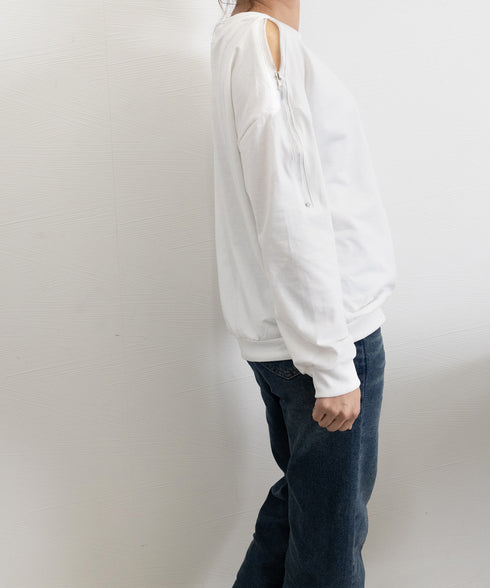 トレーナー オープンショルダー 無地 スウェット クルーネック 肩出しトップス 薄手 ゆったり セクシー ファスナー 大人カジュアル 体型カバー カットソー 77LAIMQ-001