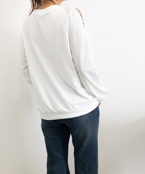 トレーナー オープンショルダー 無地 スウェット クルーネック 肩出しトップス 薄手 ゆったり セクシー ファスナー 大人カジュアル 体型カバー カットソー 77LAIMQ-001