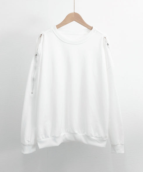 トレーナー オープンショルダー 無地 スウェット クルーネック 肩出しトップス 薄手 ゆったり セクシー ファスナー 大人カジュアル 体型カバー カットソー 77LAIMQ-001