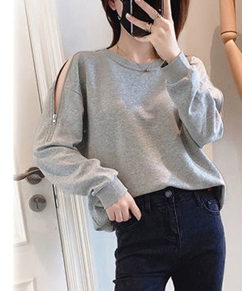トレーナー オープンショルダー 無地 スウェット クルーネック 肩出しトップス 薄手 ゆったり セクシー ファスナー 大人カジュアル 体型カバー カットソー 77LAIMQ-001