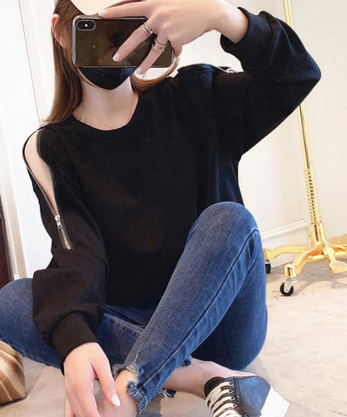 トレーナー オープンショルダー 無地 スウェット クルーネック 肩出しトップス 薄手 ゆったり セクシー ファスナー 大人カジュアル 体型カバー カットソー 77LAIMQ-001