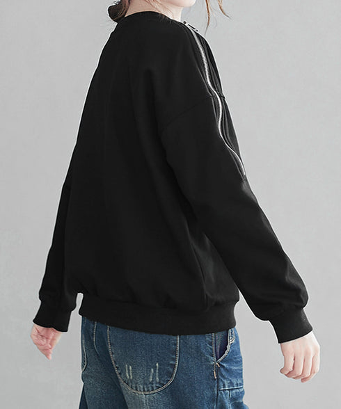 トレーナー オープンショルダー 無地 スウェット クルーネック 肩出しトップス 薄手 ゆったり セクシー ファスナー 大人カジュアル 体型カバー カットソー 77LAIMQ-001