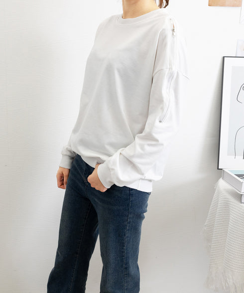 トレーナー オープンショルダー 無地 スウェット クルーネック 肩出しトップス 薄手 ゆったり セクシー ファスナー 大人カジュアル 体型カバー カットソー 77LAIMQ-001