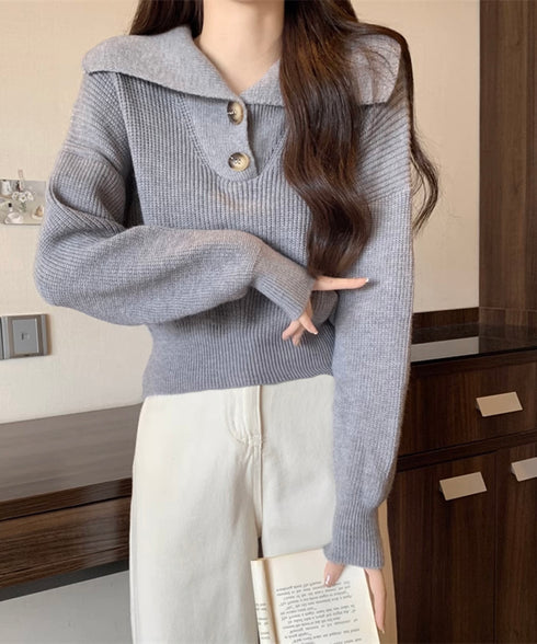 ニットトップス ショート丈 韓国風 秋冬 ポロ襟ニットセーター 大人可愛い リブ編み ニットソー 中厚手 襟付きニット ニットウェア 通学通勤 セーラー襟ニット 77LEFEI-001