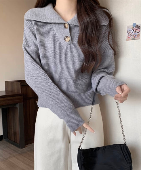 ニットトップス ショート丈 韓国風 秋冬 ポロ襟ニットセーター 大人可愛い リブ編み ニットソー 中厚手 襟付きニット ニットウェア 通学通勤 セーラー襟ニット 77LEFEI-001