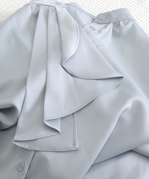 シャツブラウス 長袖 ゆったり トップス とろみシャツ レディース サテン風トップス 大人女性 通勤 入学式 卒業式 フォーマル OL 無地ブラウス 体型カバー 77LPW-001