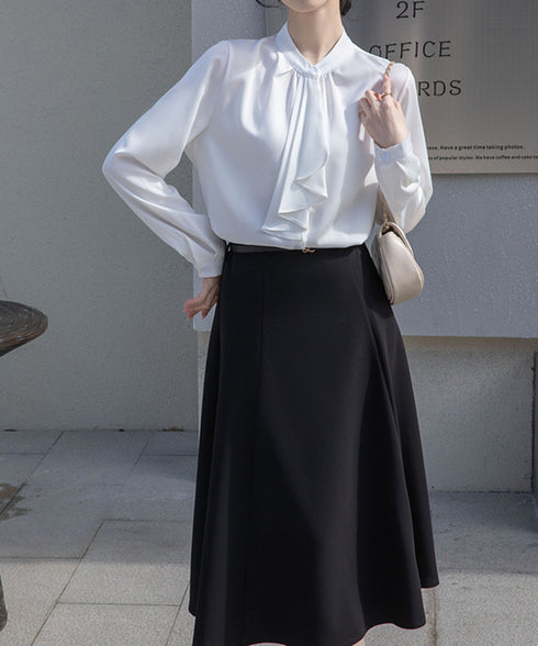 シャツブラウス 長袖 ゆったり トップス とろみシャツ レディース サテン風トップス 大人女性 通勤 入学式 卒業式 フォーマル OL 無地ブラウス 体型カバー 77LPW-001