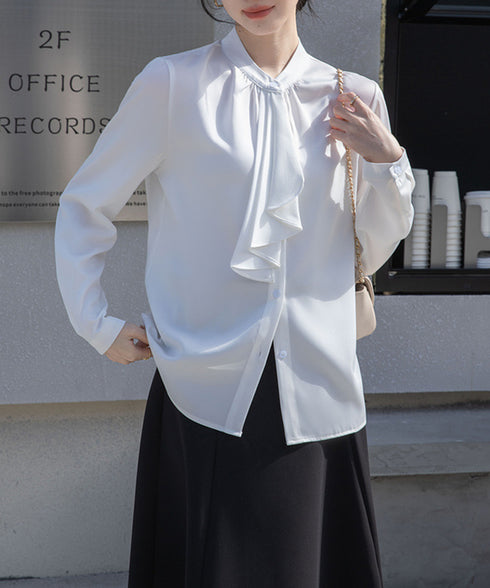 シャツブラウス 長袖 ゆったり トップス とろみシャツ レディース サテン風トップス 大人女性 通勤 入学式 卒業式 フォーマル OL 無地ブラウス 体型カバー 77LPW-001