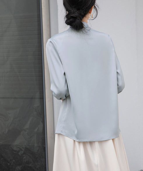 シャツブラウス 長袖 ゆったり トップス とろみシャツ レディース サテン風トップス 大人女性 通勤 入学式 卒業式 フォーマル OL 無地ブラウス 体型カバー 77LPW-001