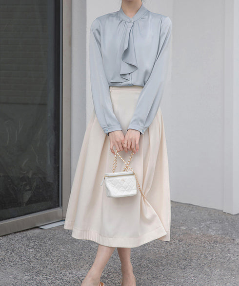 シャツブラウス 長袖 ゆったり トップス とろみシャツ レディース サテン風トップス 大人女性 通勤 入学式 卒業式 フォーマル OL 無地ブラウス 体型カバー 77LPW-001