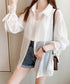 シャツブラウス 夏服 サマーカーディガン 透け感シャツ ゆったり シアーカーディガン 体型カバー 長袖 シフォンブラウス 袖口リボン 羽織り 韓国風 無地トップス 77LPW-002