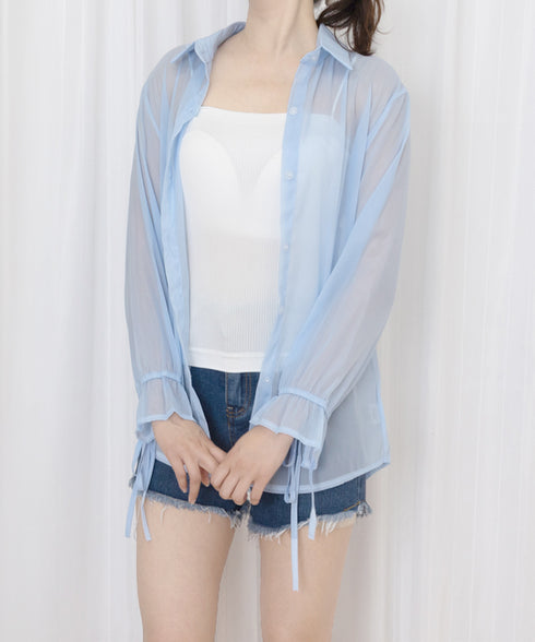 シャツブラウス 夏服 サマーカーディガン 透け感シャツ ゆったり シアーカーディガン 体型カバー 長袖 シフォンブラウス 袖口リボン 羽織り 韓国風 無地トップス 77LPW-002