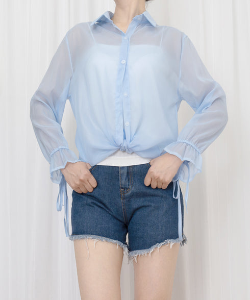 シャツブラウス 夏服 サマーカーディガン 透け感シャツ ゆったり シアーカーディガン 体型カバー 長袖 シフォンブラウス 袖口リボン 羽織り 韓国風 無地トップス 77LPW-002