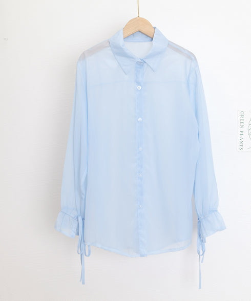 シャツブラウス 夏服 サマーカーディガン 透け感シャツ ゆったり シアーカーディガン 体型カバー 長袖 シフォンブラウス 袖口リボン 羽織り 韓国風 無地トップス 77LPW-002