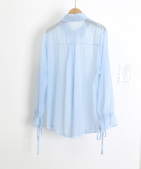 シャツブラウス 夏服 サマーカーディガン 透け感シャツ ゆったり シアーカーディガン 体型カバー 長袖 シフォンブラウス 袖口リボン 羽織り 韓国風 無地トップス 77LPW-002